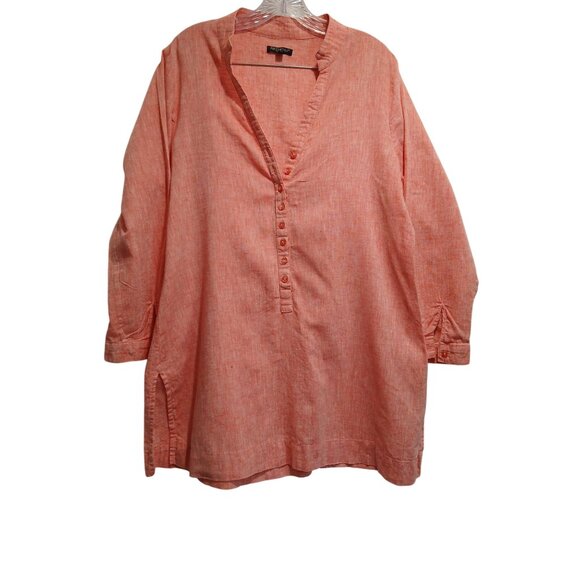 For Cynthia Tops - For Cynthia Womens Coral Linen Tunic Top Button Front 3/4 Sleeves Size XL Plus